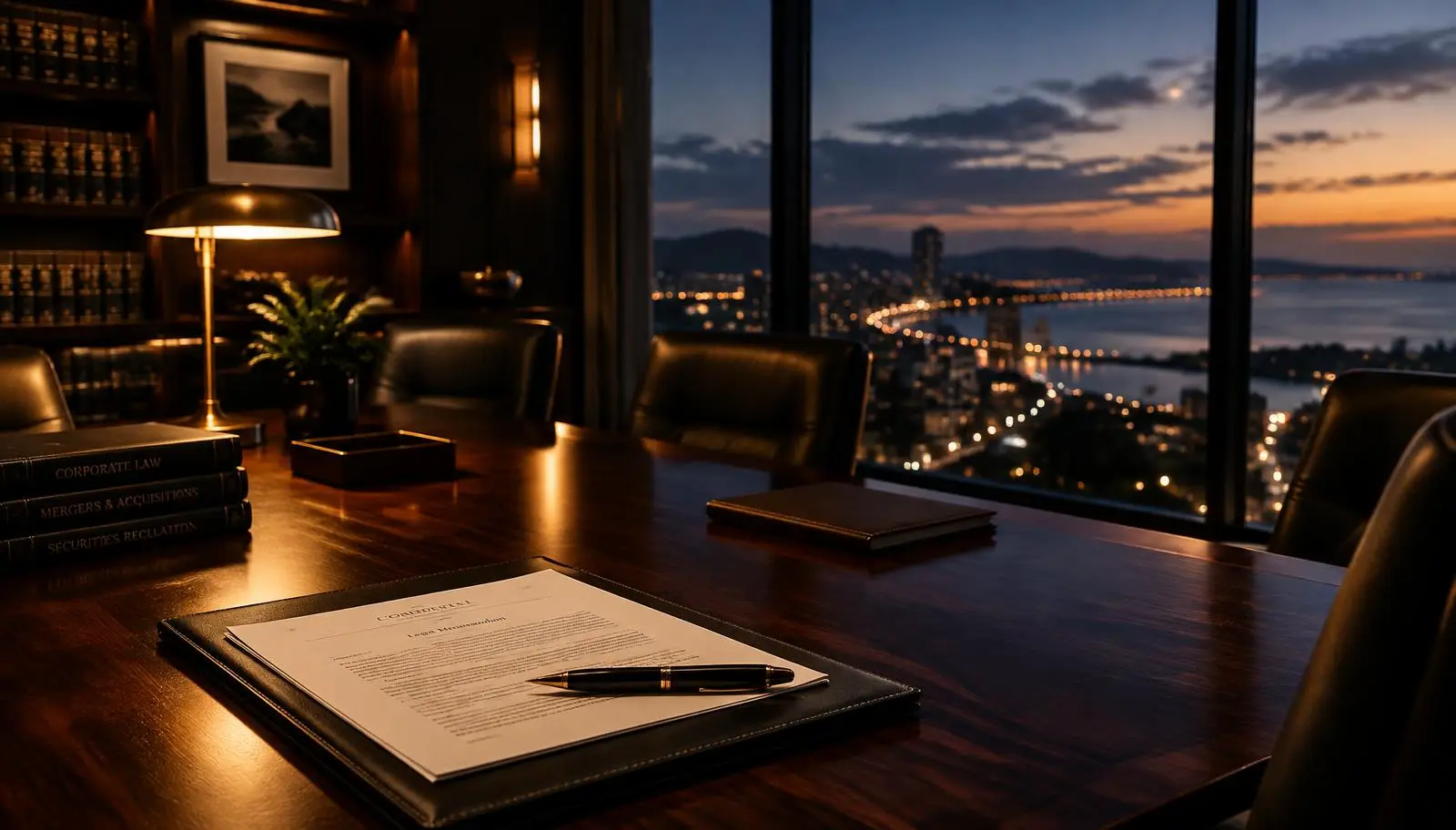 Sala de juntas de un despacho corporativo con documentos legales al atardecer